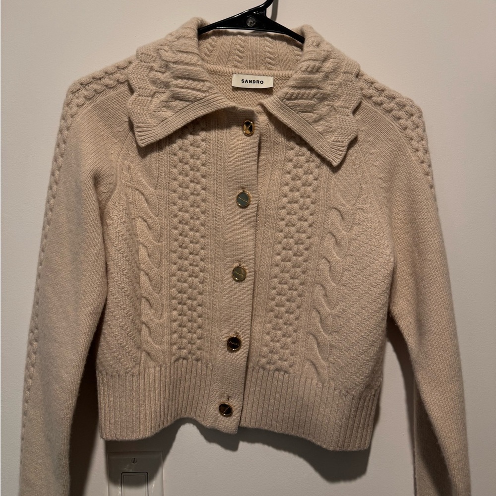 Sandro Scalloped Cropped Knit Wool Cardigan
